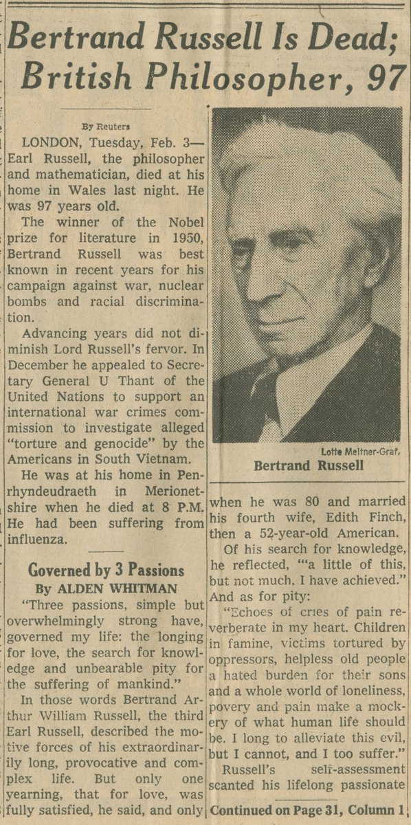 Photocopy of Bertrand Russell's obituary in the New York Times, 3rd February 1970