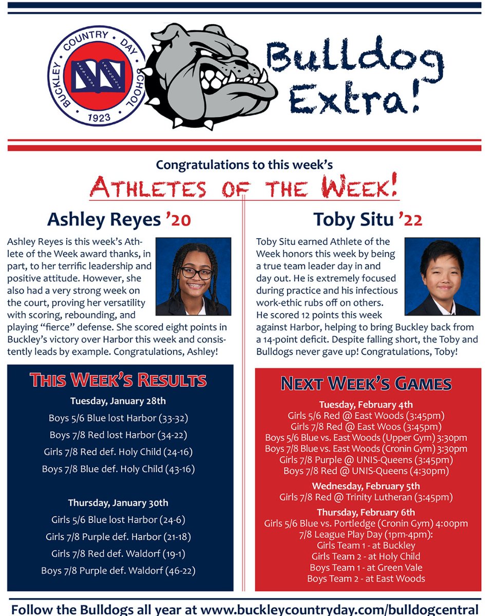 BBulldogcentral's tweet photo. Congrats to this week’s Athletes of the Week!
Thanks to all of their coaches and teammates for pushing them in practice! Also, check out this week’s results, as well as next week’s games! @buckleycountrydayschool #buckleycountrydayschool #athletics #studentathletes https://t.co/ois03Xdf7X