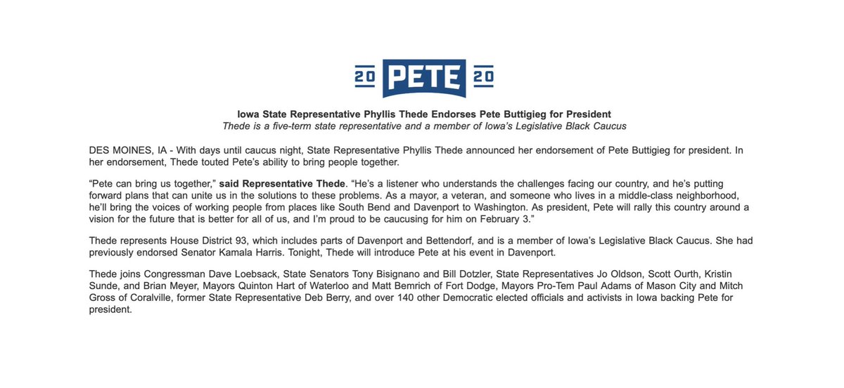 casey_clemmons's tweet photo. 🚨IOWA ENDORSEMENT ALERT🚨

Five-term State Representative and Iowa Legislative Black Caucus member Phyllis Thede endorses @PeteButtigieg for president, touting his ability to bring people together. https://t.co/OVBVshZvAz