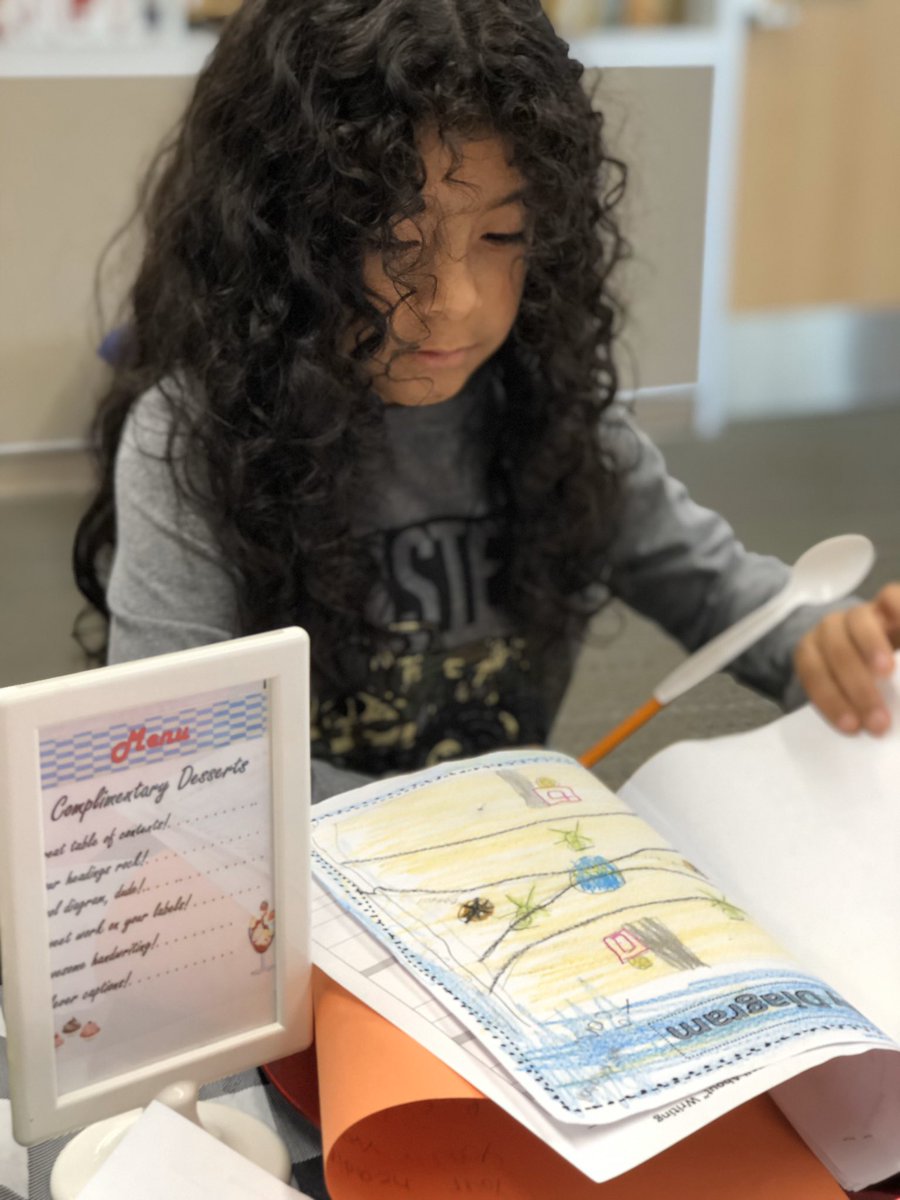 Stephy703's tweet photo. First grade is celebrating non-fiction books they created with a 1950s theme. We had a book diner, a compliment menu, and coke floats to top it off. 🍽📔✏️ #lobitleads #disdgatorpride #creatingwriters Now we just need to teach them about the 1950s... https://t.co/hPSz5AdZYL