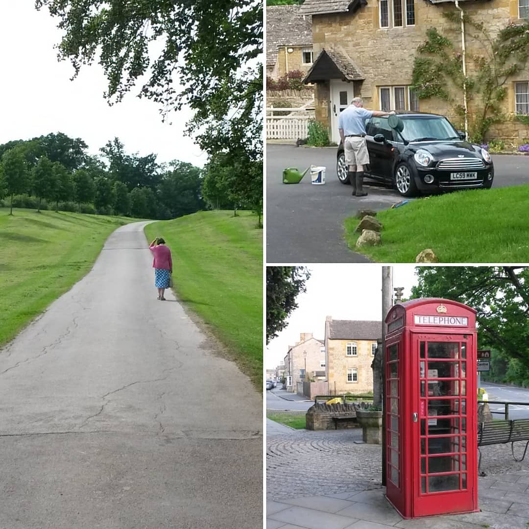 Drei Fotos aus Großbritannien zeigen eine rote Telefonzelle, einen Mann beim Waschen eines Mini Coopers und die Rückansicht einer gehenden Frau