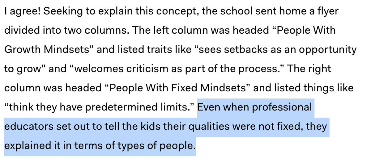 Even when professional educators set out to tell the kids their qualities were not fixed, they explained it in terms of types of people.