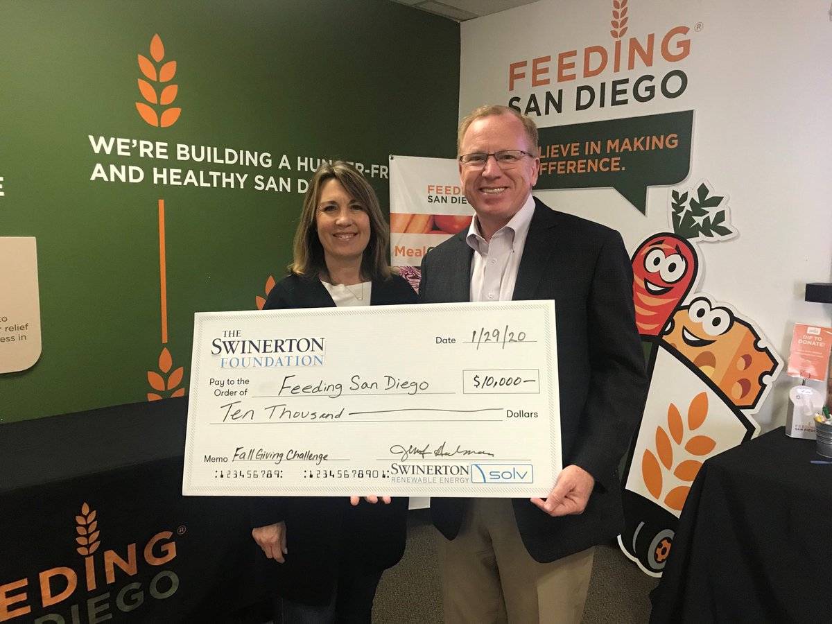 FeedingSanDiego's tweet photo. Thank you to @SwinertonSolar Renewable Energy for your continued support of Feeding San Diego through your Fall Giving Challenge! Your $10,000 donation will help provide 40,000 meals for the 1 in 8 San Diegans struggling with hunger. #TeamsforGood #FeedingSanDiego https://t.co/sIaSRgh7a0