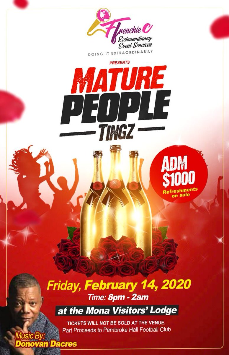 firewaterja's tweet photo. Come rock the night away on Valentines Day with MC Extraordinaire Ffrenchie C as she does her thing extraordinarily as always. 

MATURE PEOPLE TINGS

Smooth hits being played through the night by Donovan Dacres.
 You cant afford to miss this event...
@ffrenchiec for more tix https://t.co/M9NjwDMJ8r