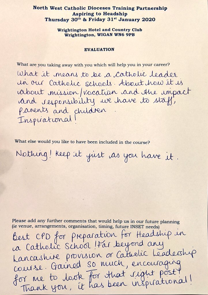 NWCDTP_Hub's tweet photo. Just one of our positive evaluations of 'Aspiring to Headship'...
#BestCPD
#FarBeyondAny
#Inspirational
#Encouraging
@NWCDTP_Hub
@_Formatio_
@RCSalfordEd
@lpoolcatholic
@LancasterDioces
@DioceseWrexham
@ShrewsRCnews https://t.co/tVgtLesdJD