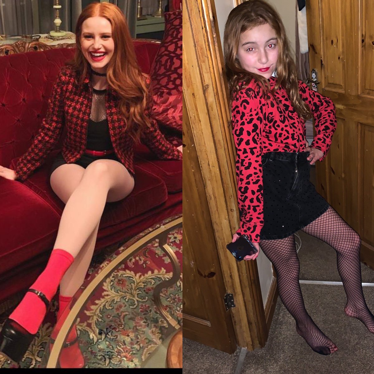 swalsh1990's tweet photo. @madelainepetsch my little girl is riverdale obsessed-your her favourite character. She dressed up as you but couldn’t find a red lipstick so used nail varnish instead🙈😂 @kj_apa @madchenamick @WriterRAS @VanessaMorgan @RiverdaleWriter @ArchieComics @CW_Riverdale @colesprouse https://t.co/dC7lqpWr3a