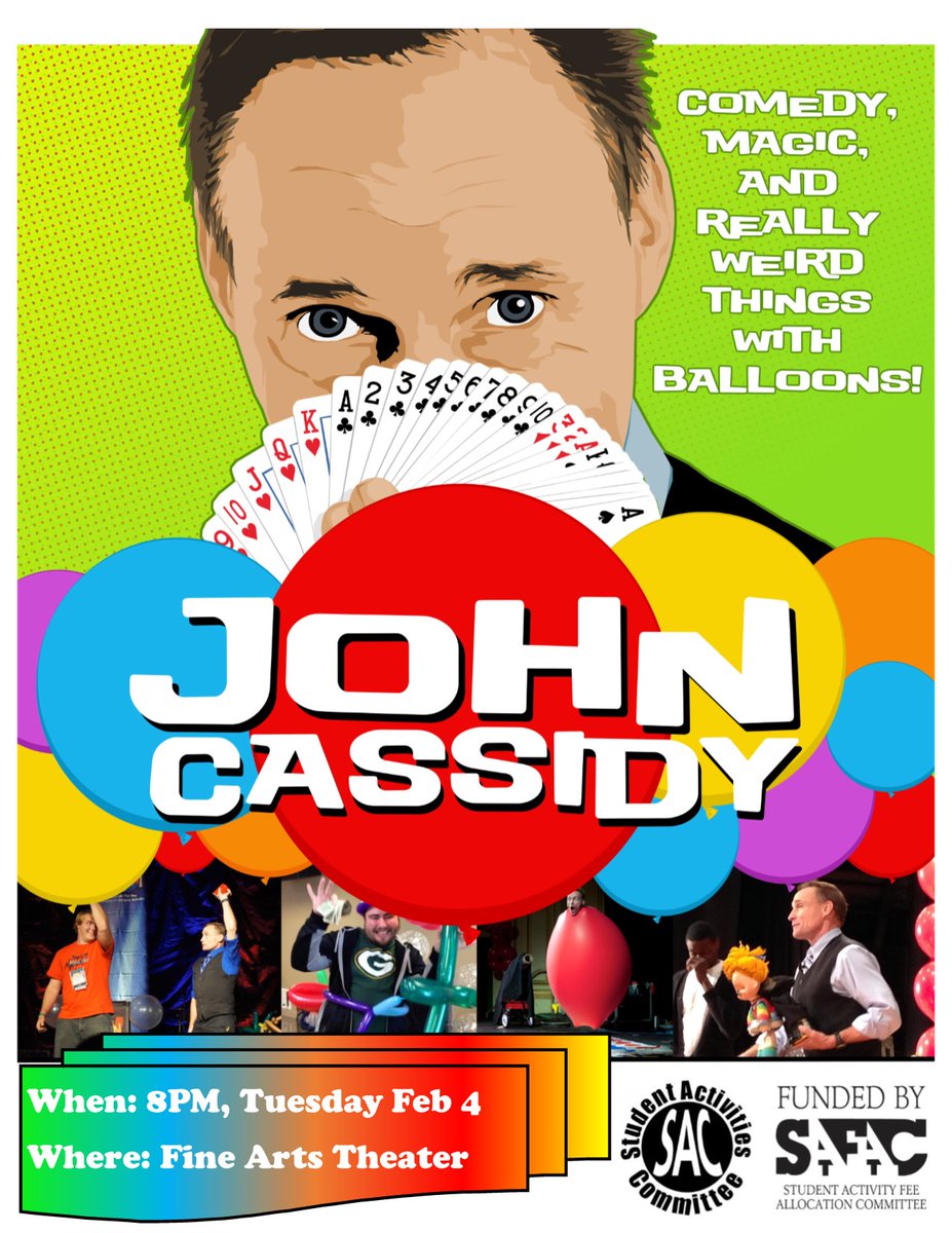 Join us in the Fine Arts Theater Tuesday, Feb 4th for John Cassidy the comedian, magician, and balloon artist! We have many more events next week too as part of Winter Meltdown leading up to Hawaiian Night!