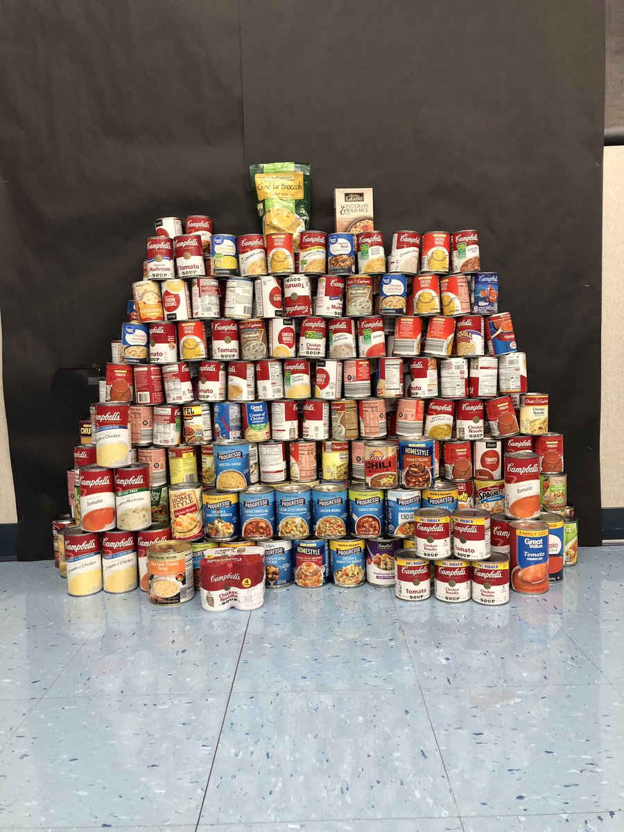 SES third grade “Souper Bowl” challenge. Third graders celebrated the SES Random Acts of Kindness  Challenge and geared up for the upcoming game by collecting soup to donate to a local food pantry. They collected almost 300 cans of soup! #connectses #bulletpride