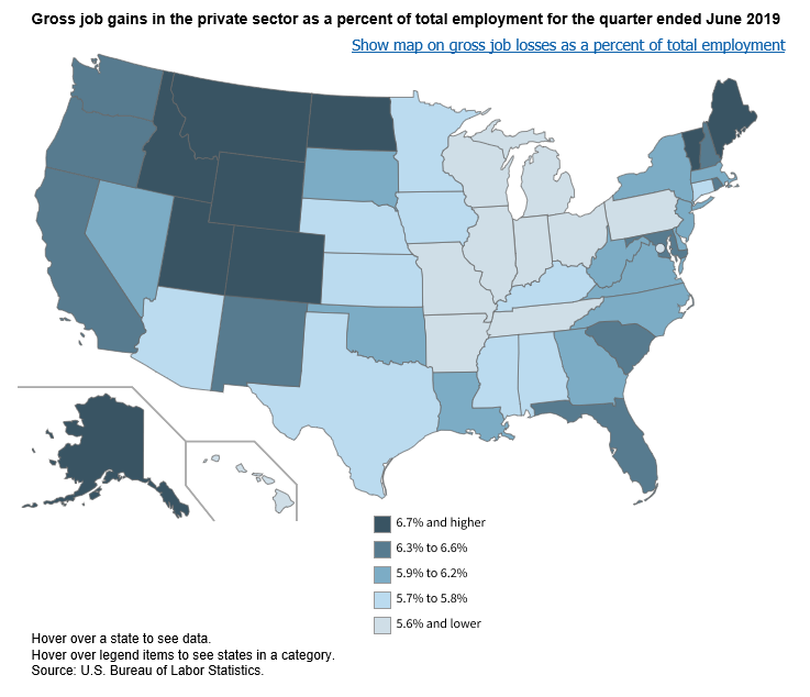 U.S. map showing gross job gains and losses in the private sector as a percent of total employment for the quarter ended June 2019