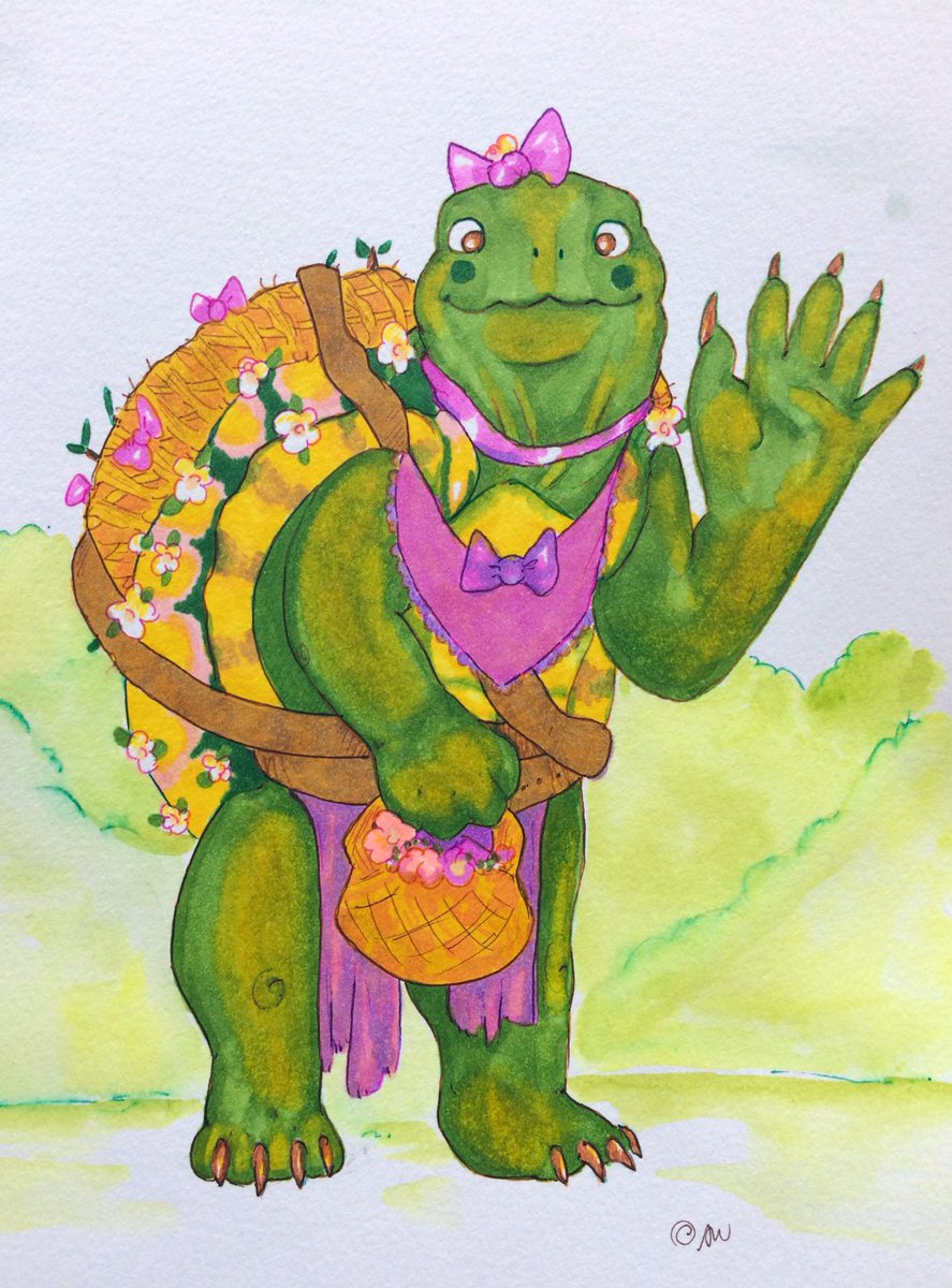 watercolour & marker art of a smiling green tortle (an anthropomorphic turtle/tortoise) wearing a pink bow, bandana & skirt, a basket on her back, shell covered in flowers,  holding a basket of flowers and waving. Light bushes in the background.