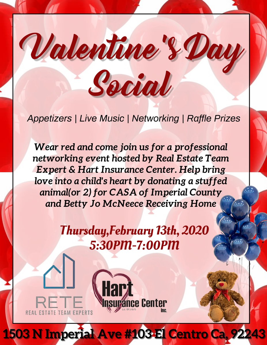 CASAImpCounty's tweet photo. Hart Insurance will be hosting a Valentines' Day Mixer. They are graciously asking those who attend to bring a stuffed animal that will be donated to Casa Imperial to help a foster youth in need. Can't wait to see you there! A big thank you to Hart Insurance https://t.co/kQP9GDhlFK