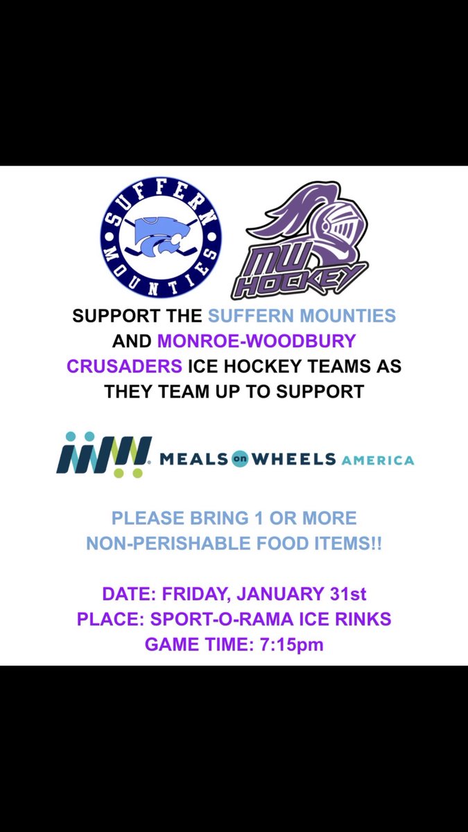 SuffHock's tweet photo. There’s a lot going on at Sport-O-Rama tonight. 

Suffern takes on @MWhockey at 7:15pm  Tonight’s theme:

WHITEOUT

*Its Autism Awareness Night with a special guest puck drop

*Meals on Wheels donation night (collection by apparel) https://t.co/bBzpbEjYp3