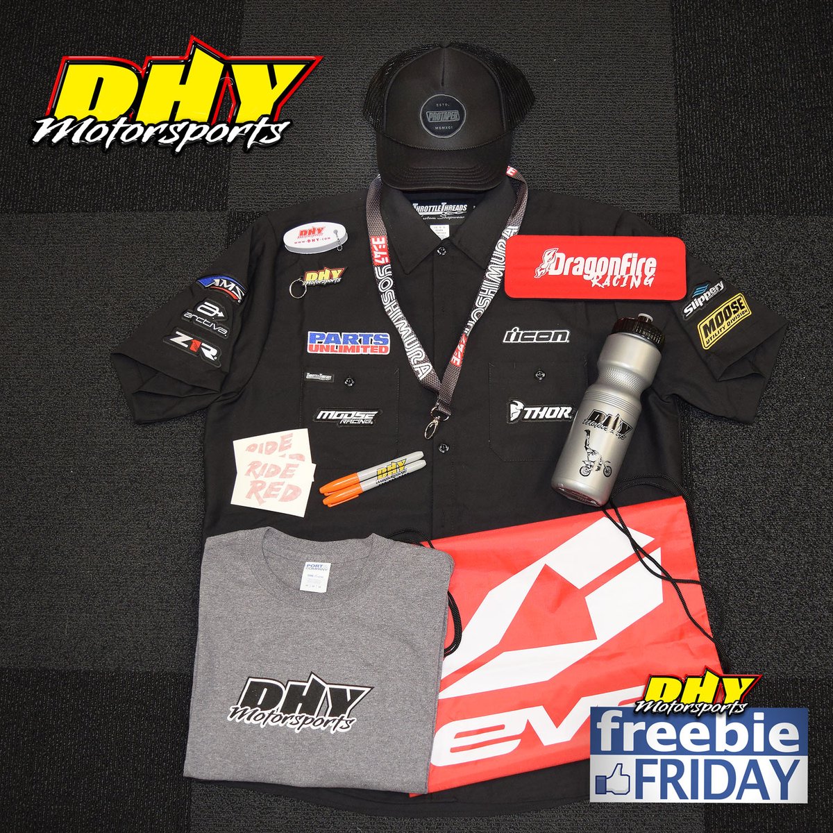 Another Friday another Freebie! #DHYMotorsports #FreebieFriday is back with a #PartsUnlimited workshirt, #Protaper hat, #DragonFire koozie, #Yoshimura lanyard, #Honda #RideRed decals, #EVS backpack and the #DHYMotorsports #Swagbag! Likes, comments, and shares get you entries.