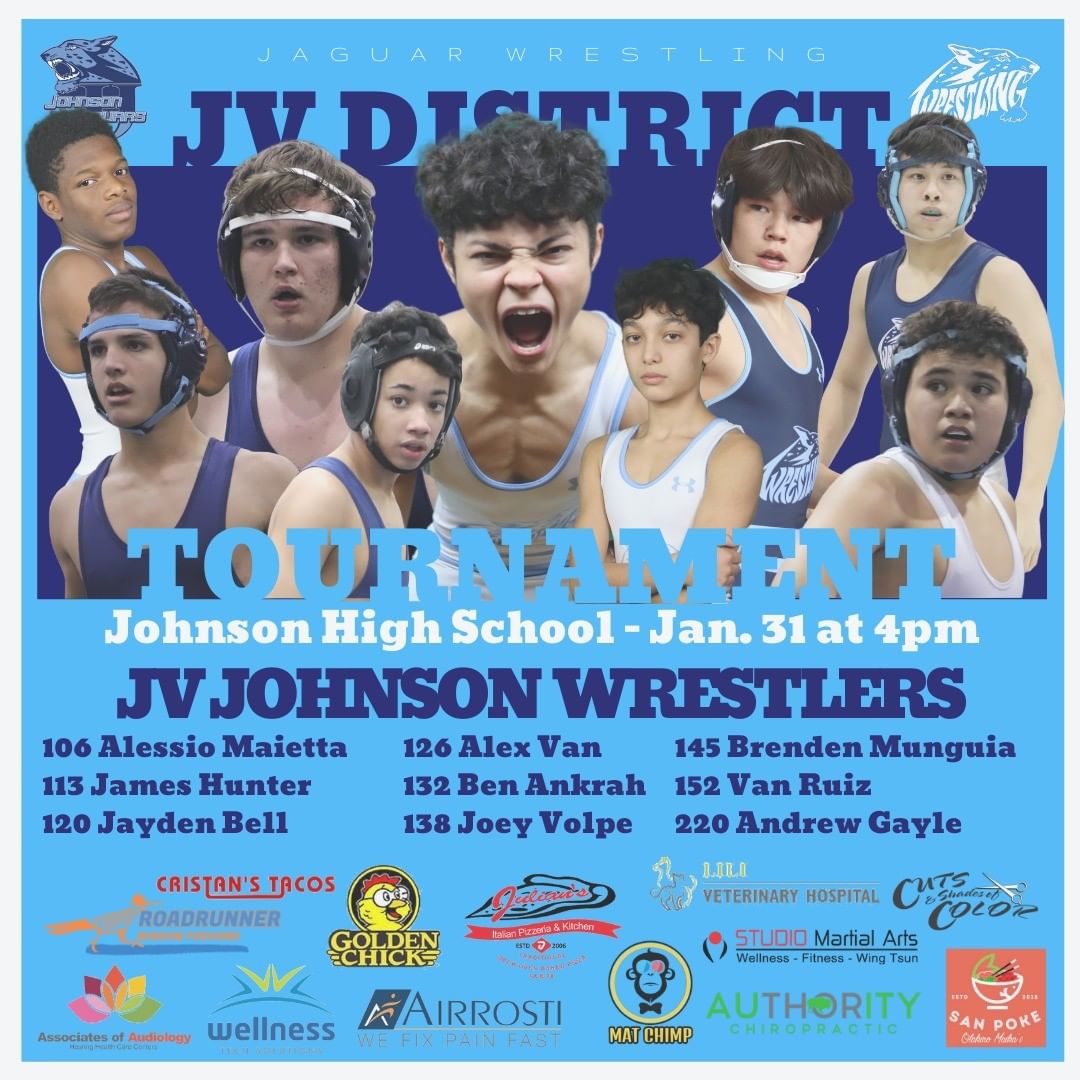 CTJWRESTLING's tweet photo. JV District Tournament 
Last competition of the season for our JV wrestlers. Come out and cheer them on! Jan. 31 @ 4pm in Johnson big gym. #wearblue #jaguarfamily #gojags #jaguarpride @JohnsonJPA @CTJohnsonHigh @NEISD @NeisdAthletics #theneisdway @juliansitalian @Airrosti https://t.co/V2Rdg7WEyK
