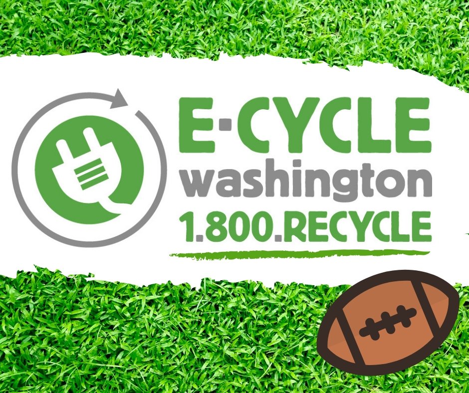 An image of artificial turf and a football overlaid with the words: E-CYCLE Washington 1.800.RECYCLE