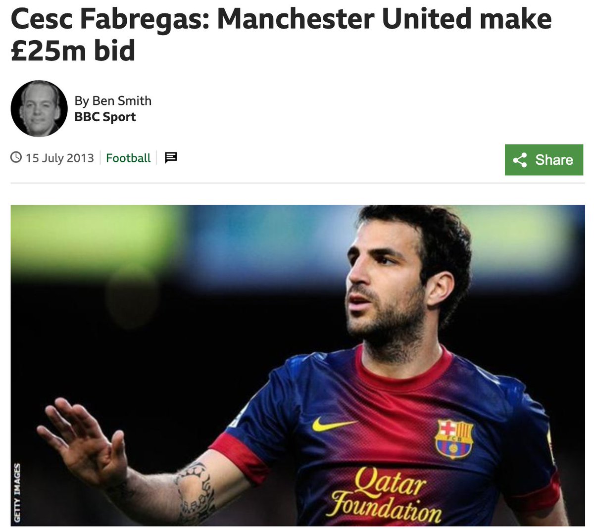 The very next day, United offered Barcelona £25m for Fabregas which was rejected. Having just sold his understudy in Thiago, the chances of now selling Fabregas too were slim to none. A week later we increased the offer to £30m, unsurprisingly that was rejected too.