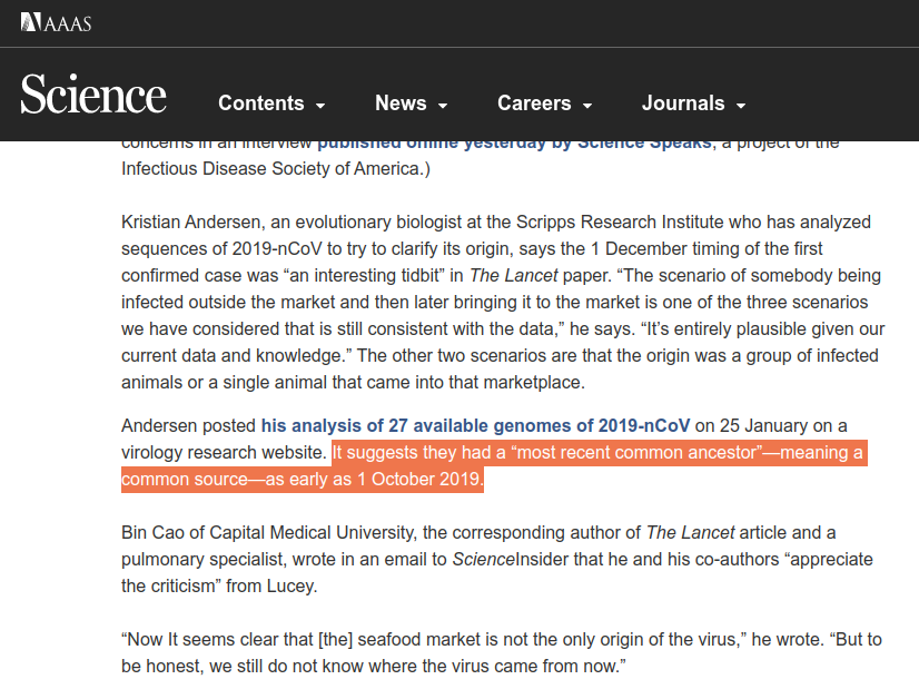 Meanwhile, DNA analysis suggests the first common ancestor of 2019-nCoV appeared as early as October 1.  https://www.sciencemag.org/news/2020/01/wuhan-seafood-market-may-not-be-source-novel-virus-spreading-globally