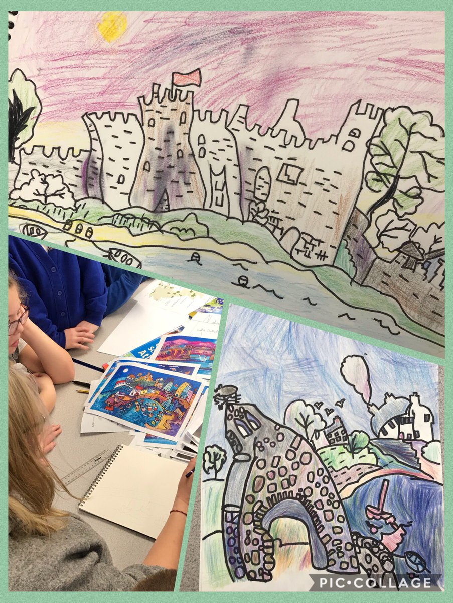 WimboldsleyCPS's tweet photo. An example of some of the wonderful art work created by Willow class. Inspired by Welsh artist, Dorian Spencer Davies #welshlandmarks 🏴 🖼 🎨 https://t.co/ZjRg8QvSA8