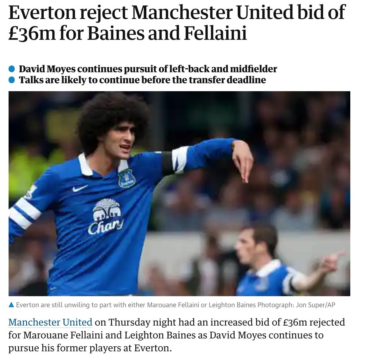 Three days later, United upped their bid for Fellaini and Baines to £36m, which was again rejected. Bale signed for Real Madrid. On deadline day we bid £40m for Sami Khedira and that was also rejected.