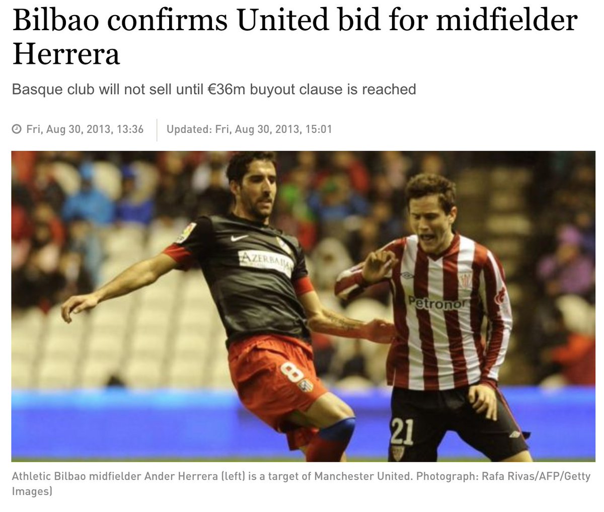 Herrera had a release clause of €36m and Bilbao made it clear from the beginning they wouldn’t accept anything less. United persisted in offering €30m though before time started to run out and United realised they had to meet the asking price, by which point it was too late.