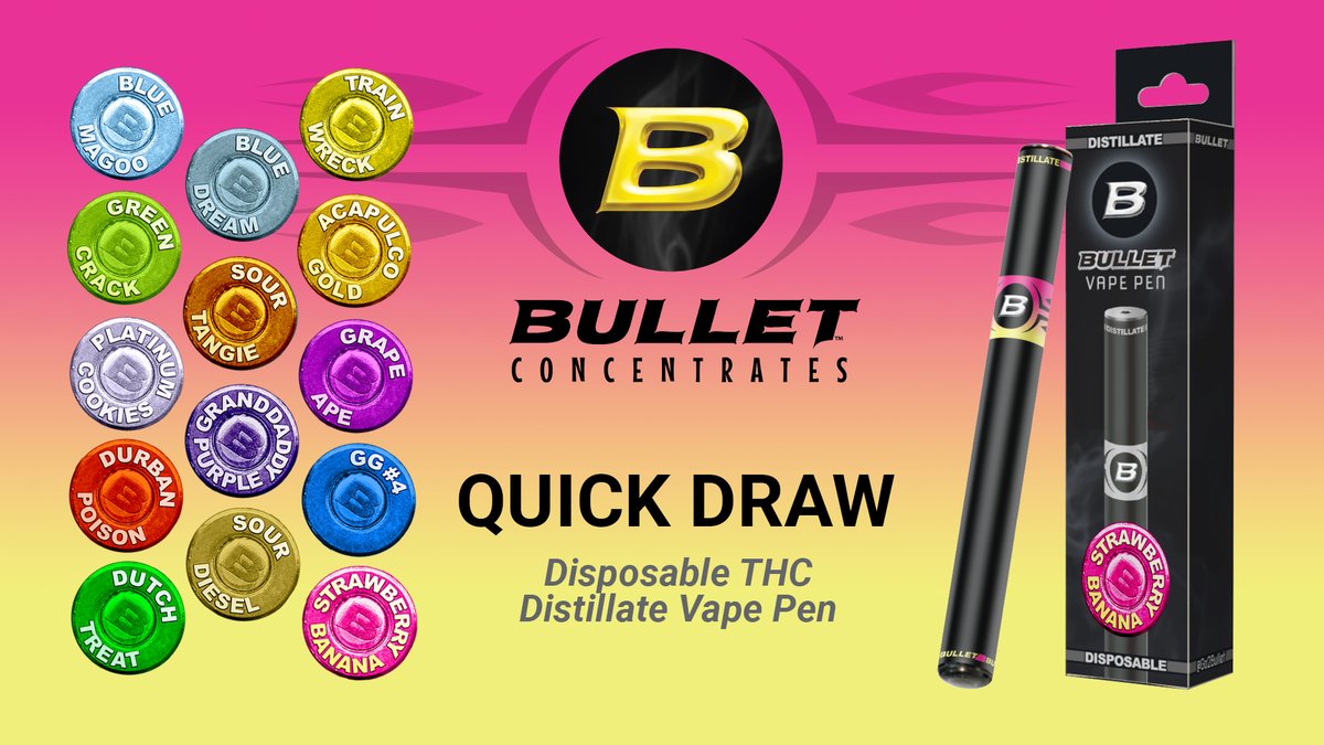 Go2Bullet's tweet image. Happy Friday from Bullet Concentrates! 🙌🔥 😎Pick up your favorite strain for the weekend!  #marijuana #thc #cannabis #420 #stoners #fueledbythc #vapes #vape #cartridges #carts #dispensary #budtender #bulletconcentrates