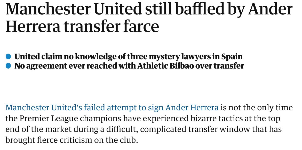 With 12 hours of the window remaining, United went in for Herrera. When the move collapsed, claimed the deal was hijacked by “imposters” who were “not acting on the club’s behalf”. In reality, United left it too late to negotiate through the complexities of the buy-out clause.