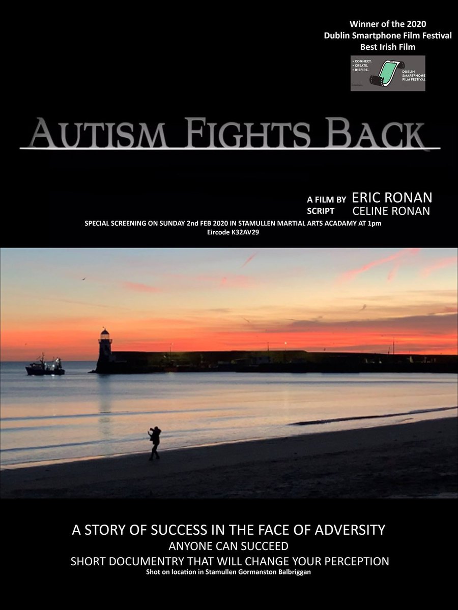 Ericronan's tweet photo. Hi Guys our award winning short Documentary Autism Fights Back will be screened this Sunday in the Stamullen Martial Arts Meath at 1pm.  Everyone is welcome and there is no admission fee.  K32AV29 is the eircode @AutismIrl https://t.co/yPrJK18EwA