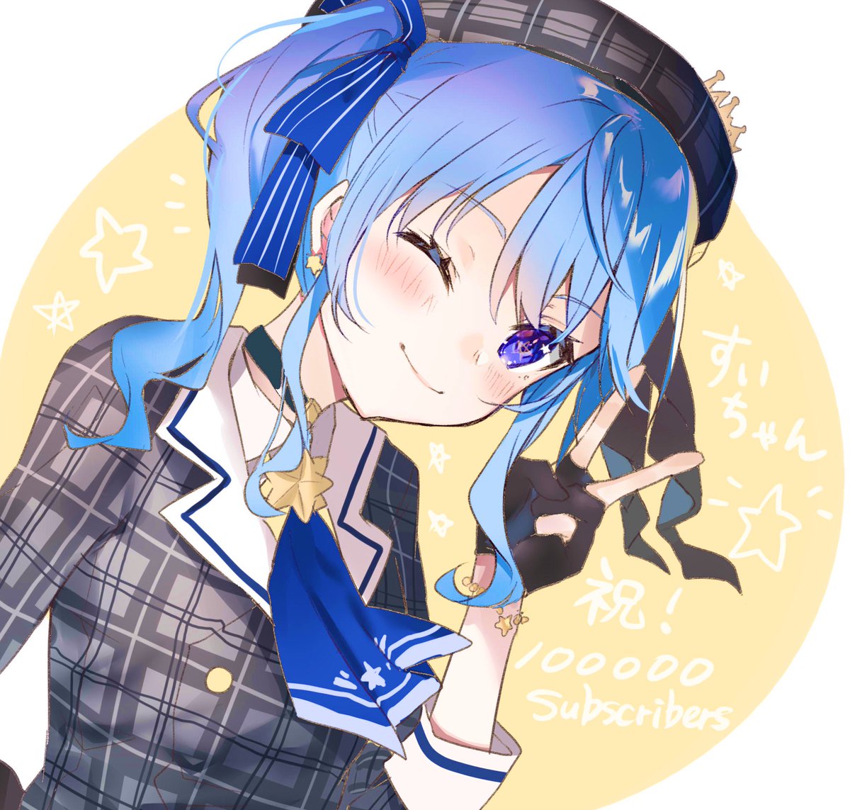 hoshimachi suisei 1girl one eye closed solo blue hair gloves hat side ponytail  illustration images