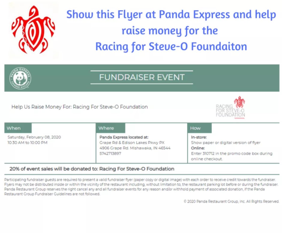 RacingForSteveO's tweet photo. On Saturday, February 08, 2020, from 10:30 AM to 10:00 PM, Panda Express will donate 20% of all proceeds of sales to Racing for Steve-O Foundation with the use of the flyer in-store or the promo code online. https://t.co/fJL0JbPmQn