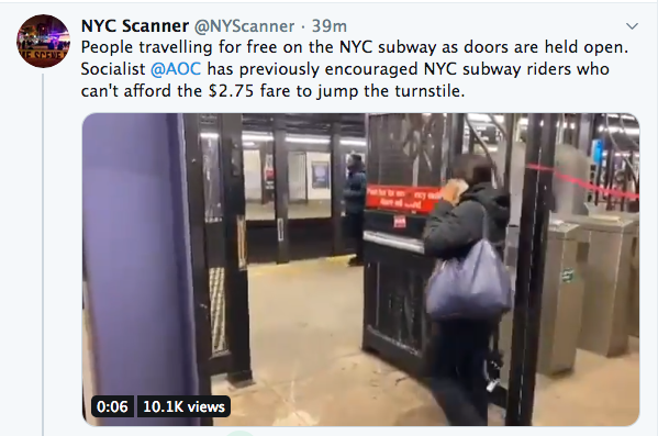 AshAgony's tweet photo. The racist NYC Scanner account is still at it.
They're now mad that people are using the subway for free.
And like a typical rabid reactionary straight from Fox News, they found a way to mention "Socialist AOC" in their tweet.
They know which buzzwords rile up their followers. https://t.co/tSp6R5BHe9