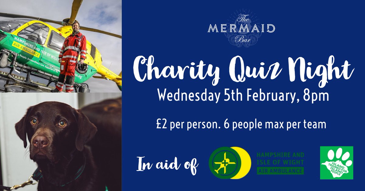 Our next Charity Quiz Night is Wednesday 5th February from 8pm !

We hope you can join us for fun and brain teasers all in aid of <a href="/HIOWAA/">Hants & IOW Air Amb</a> and <a href="/AbilityDogs4YP/">Ability Dogs 4YP</a> 🚁🐕