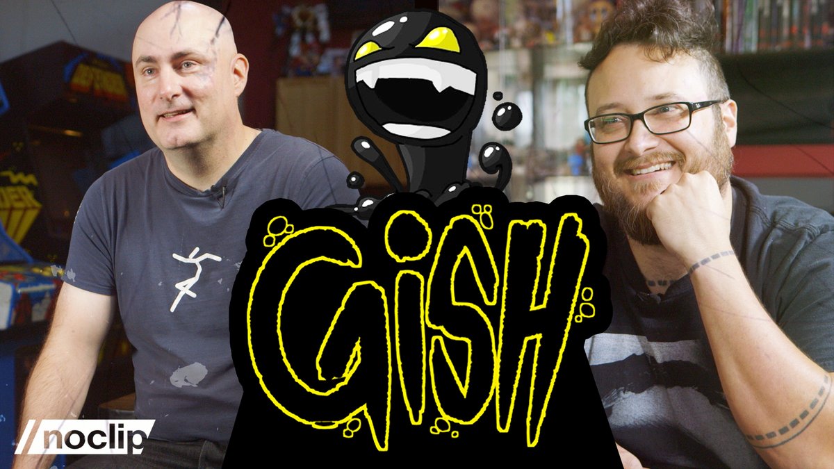 Gish logo and ball of tar in the center, flanked by images of Alex Austin and Edmund McMillen smiling
