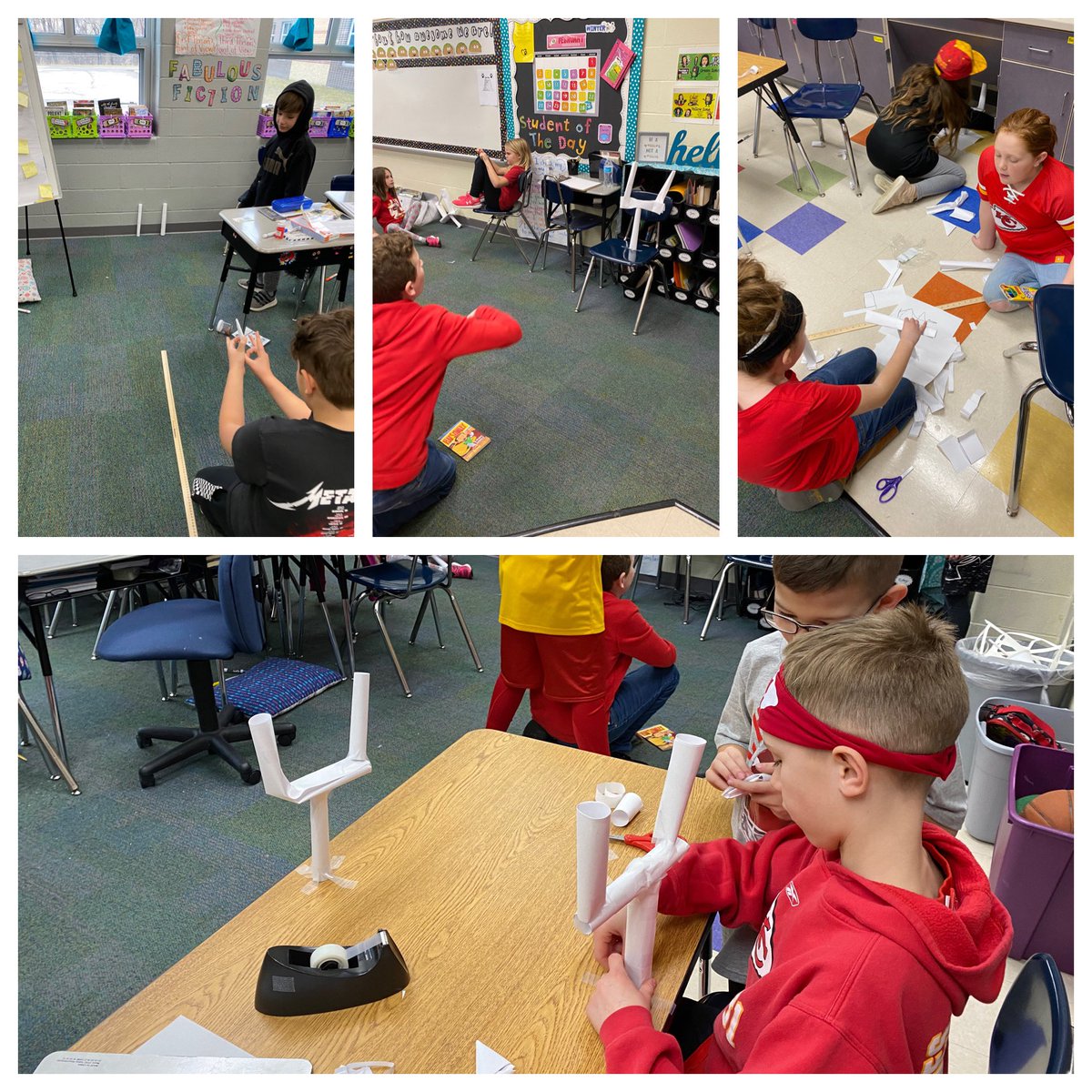 STEM fun today- Student teams were given paper, tape and scissors to create footballs and field goal posts any way they could. Then we measured the distance of our goals! #RedFriday <a href="/point_stony/">Stony point</a>