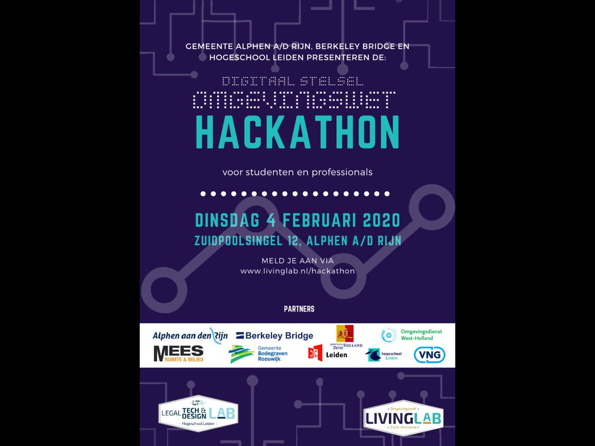 CommissarisP's tweet photo. Komende dinsdag Hackaton toepasbare regels, georganiseerd door ⁦@LivingLab_Ow⁩ ⁦@gemeenteaadr⁩ ⁦@HSLeidenNL⁩ en ⁦@BerkeleyBridge⁩ #omgevingswet https://t.co/LOVn1h1wqk
