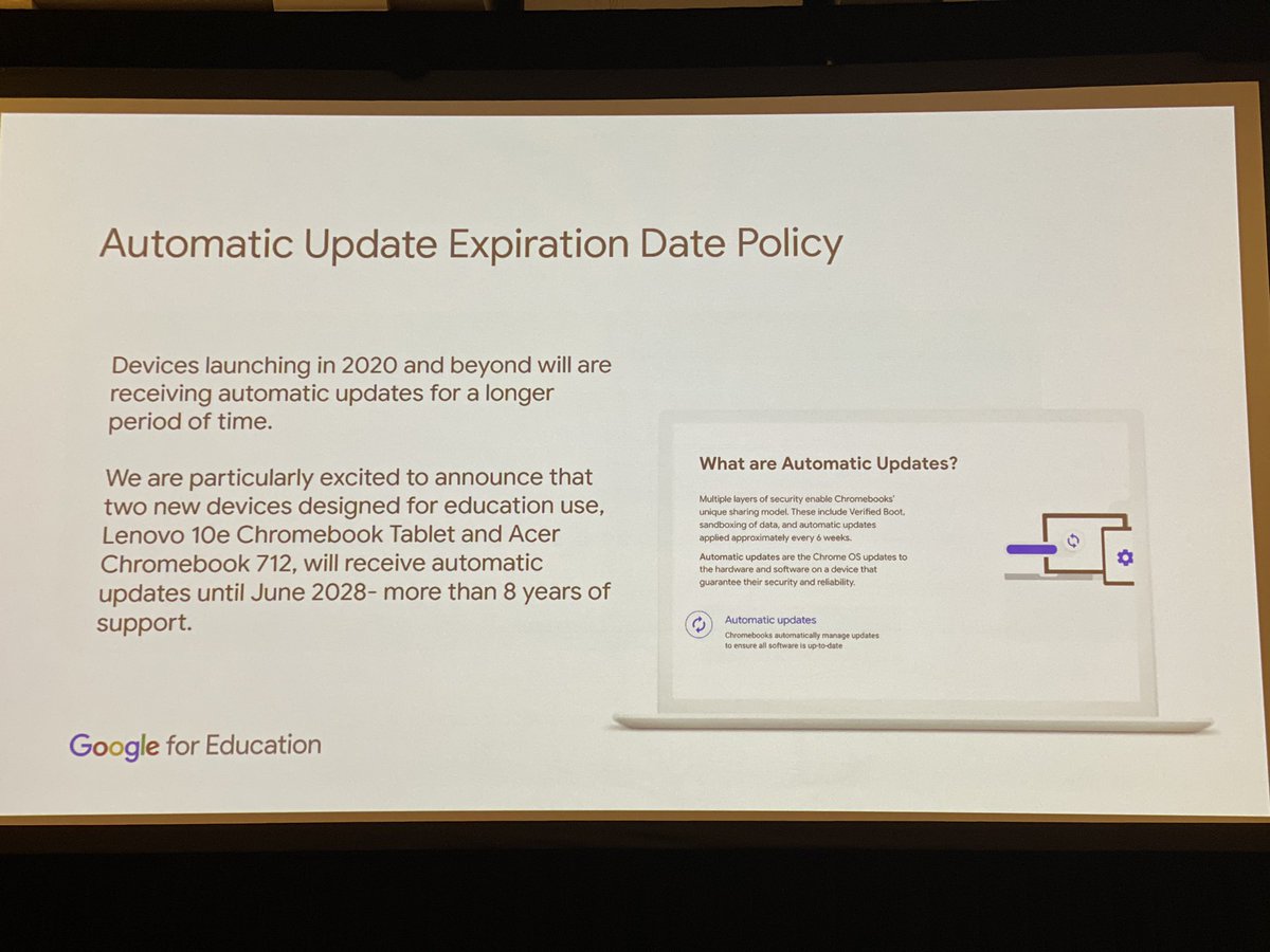 JoeFuertsch's tweet photo. This is huge. Heard this recently. 8 years is big deal to keep devices rolling & in the hands of students longer. Thank you @GoogleForEdu @Google #givemethat8years #devicelife #IEUC20 @Illuminateed https://t.co/jF8kpOT7Qr