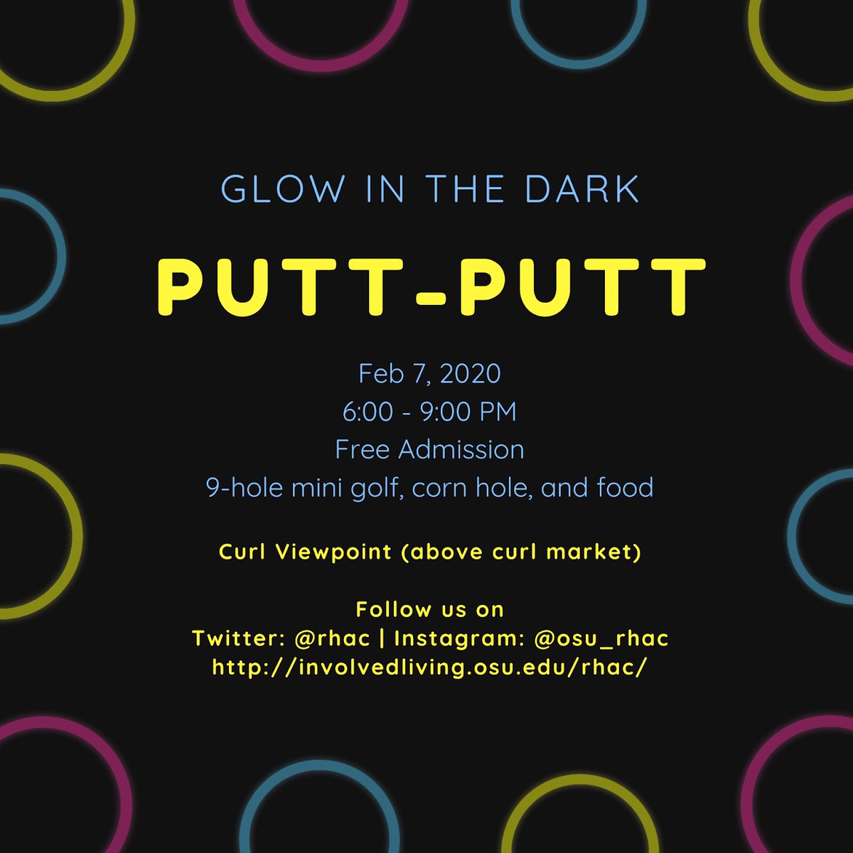 Midterm season is a time for self care! So on Feb 7 from 6-9pm, join us for our Glow in the Dark relaxation night. We will have Putt-putt, corn hole, and food!