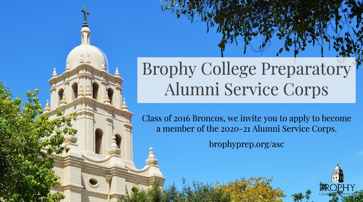 Brophy Class of 2016, are you interested in spending a year with us as a member of the 2020-21 Alumni Service Corps after you graduate from college this spring? We believe you'll find the work purposeful, impactful &amp; rewarding! 
For more info &amp; to apply:
brophyprep.org/alumni/alumni-…