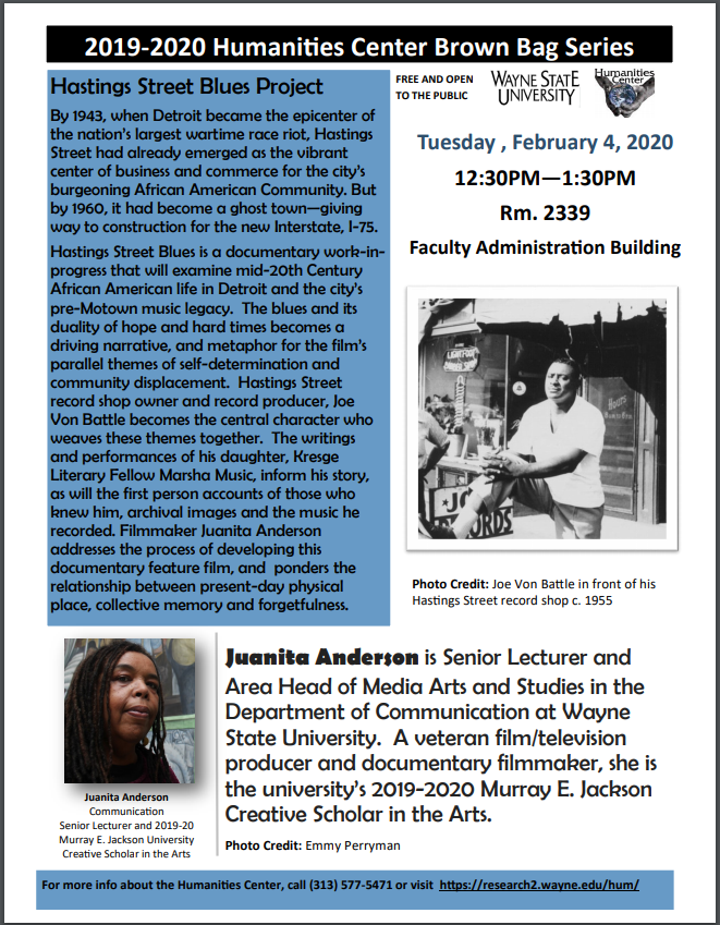 Tuesday, February 4th, 2020 Juanita Anderson will be talking about the Hastings Street Blues Project!
The event will be held in FAB Rm. 2339 at 12:30pm-1:30pm
Hope to see you all there! #waynestate #detroit