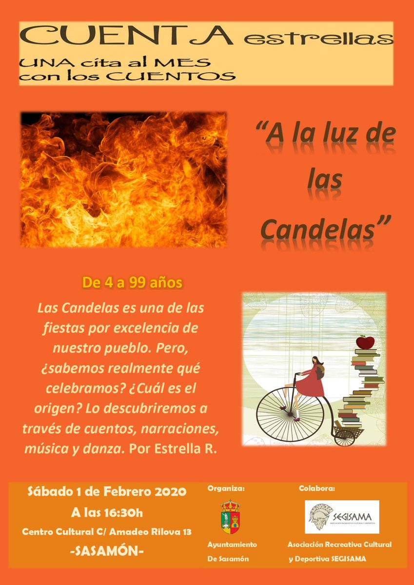 ARCDSegisama's tweet photo. Ven a #Sasamón a vivir las #candelas

📆 Sábado 1 de febrero
🕚 Desde las 11:00
📌 Centro Cultural y Ayuntamiento

Juegos en madera gran formato. Presentación de libro. Olla podrida. Bingo. Espectáculo danza-teatro. Concurso de Postres. Chocolatada. Baile y Verbena https://t.co/eGkx2E09xS