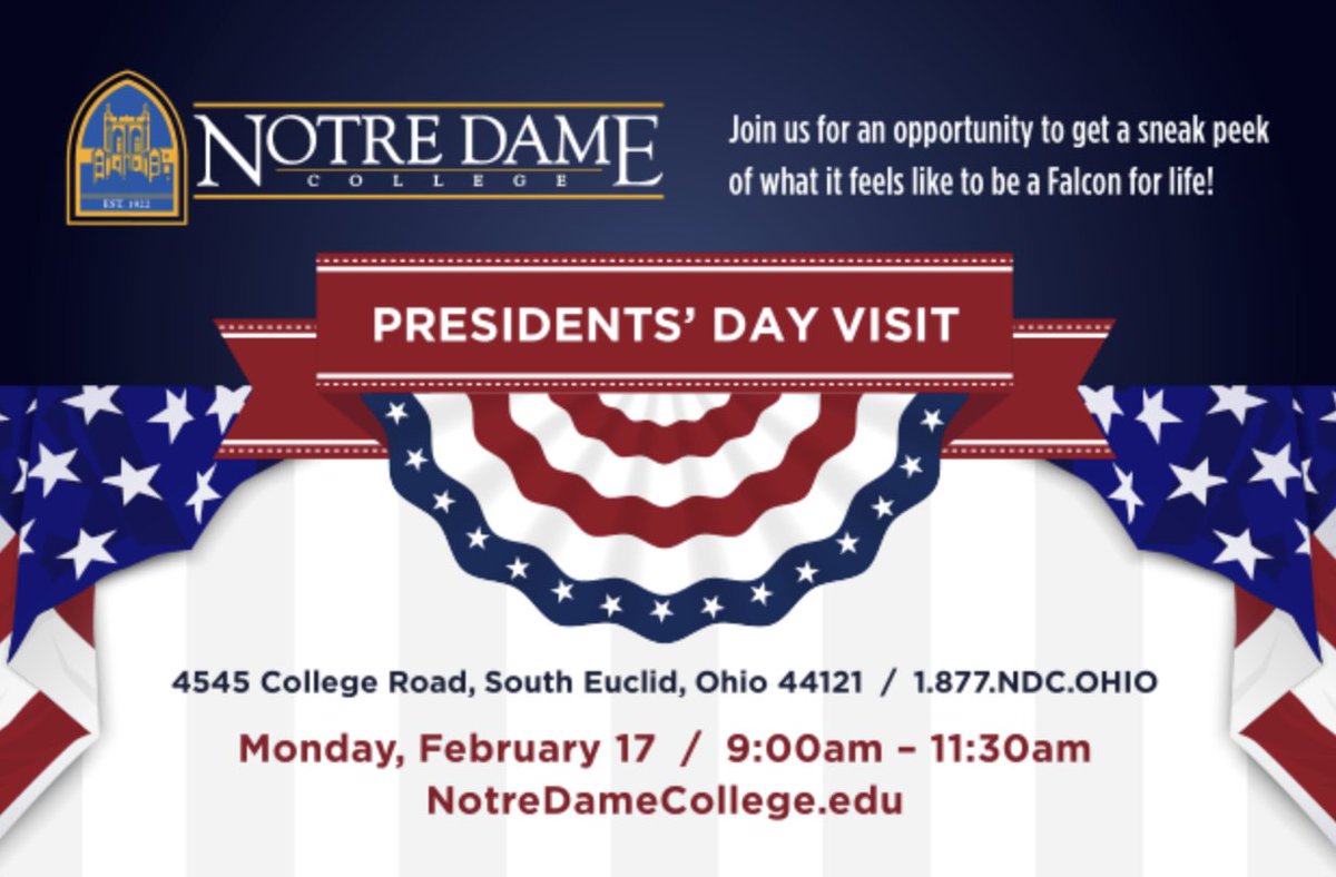 NotreDameOhio's tweet photo. If you are considering Notre Dame College, you won't want to miss our largest  visit day of the Spring on Monday, February 17th! You will talk to students, faculty and alumni about all of the amazing programs we have to offer! Text 216-584-8723 to reserve your spot today! https://t.co/bDyNKVm7B9