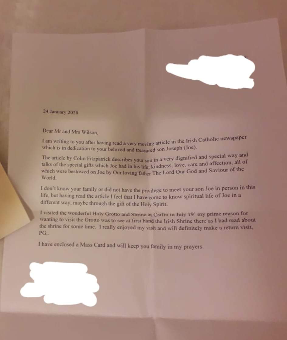 This lovely letter was sent from Ireland by a man who was touched by the story of Joe and his life!