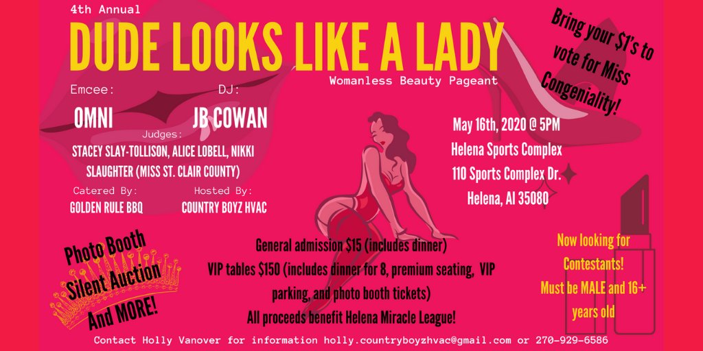MLofHelena's tweet photo. Join us for our 4th annual “Dude Looks Like a Lady” Woman-less Beauty Pageant! General admission is $15 and includes dinner catered by Golden Rule BBQ! VIP tables are also available for $150 and include dinner for 8, premium seating, VIP parking, and photo booth tickets! https://t.co/Rxa13FLRX6