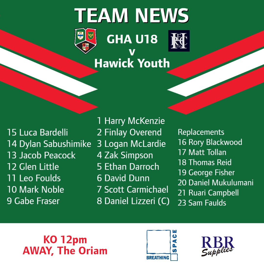 U18's Cup Semi-Final|TEAM NEWS
Your team for tomorrow's GHA U18s v Hawick Youth game at The Oriam, KO 12pm.
Thank you to all who have bought tickets &amp; are travelling East to support the team!
Buses leave the club @ 930am.
See you bright &amp; early!
Live updates here from 12pm.
G-HA!