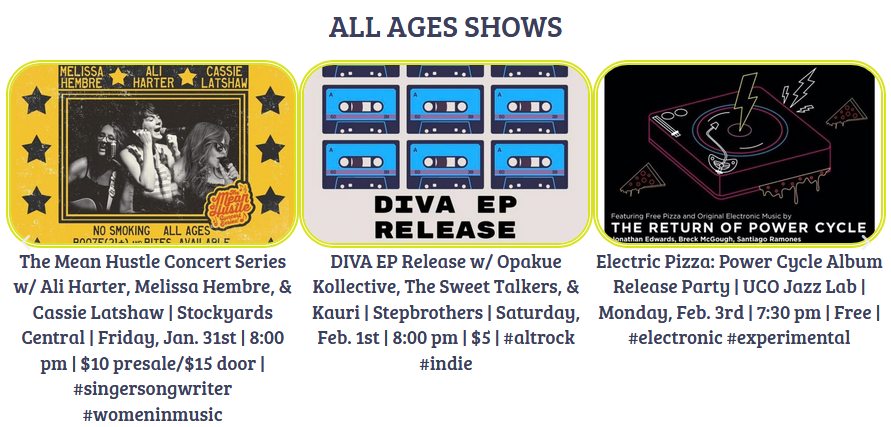 WeirderOK's tweet image. This week's show recs include an EP release from new Norman indie rockers @divabandok, a @themeanhustle showcase at a hot new venue space in OKC's @stockyardscity district, a choice lineup of supreme weirdos at @opolisprod, &amp;amp; a free electronic music pizza party at @UCOJazzLab.