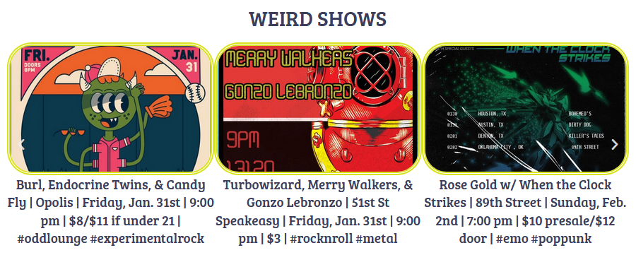 WeirderOK's tweet image. This week's show recs include an EP release from new Norman indie rockers @divabandok, a @themeanhustle showcase at a hot new venue space in OKC's @stockyardscity district, a choice lineup of supreme weirdos at @opolisprod, &amp;amp; a free electronic music pizza party at @UCOJazzLab.
