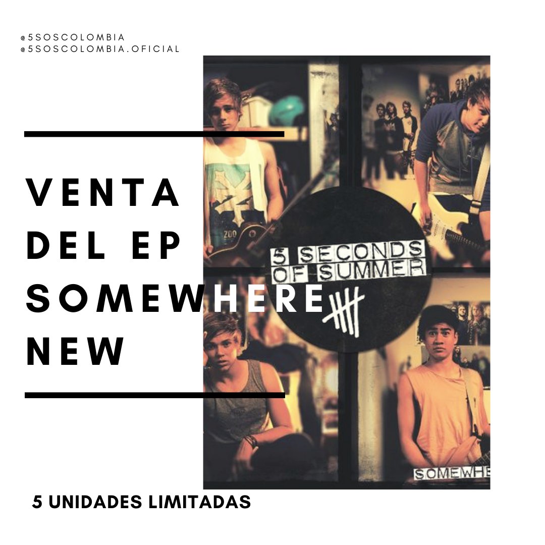 5SOSColombia's tweet photo. ¡La sorpresa esta aquí! 
Tenemos una nueva tienda aliada que nos da 5 unidades limitadas para entrega inmediata en un precio especial de el primer EP de @5SOS "Somewhere New" 

Los precios de envío varían según a donde se mande el álbum (a nivel nacional).

#5sos #5soscolombia https://t.co/IWD5weLauZ