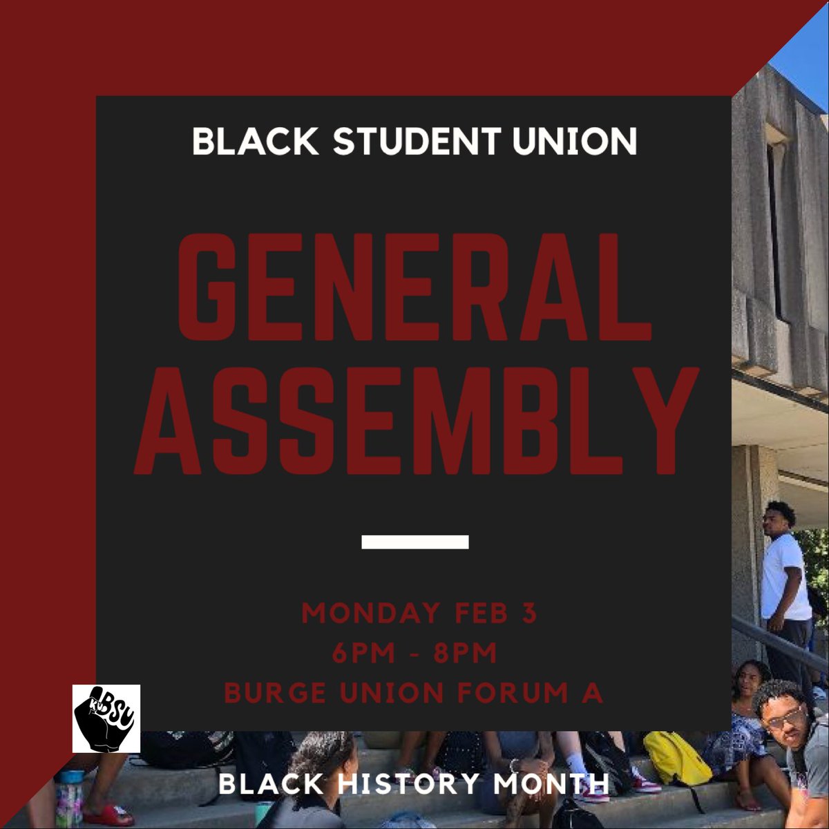 Welcome back! Join us for the first GA of the semester, THIS UPCOMING MONDAY AT 6PM. #BSU #BlackHistoryMonth