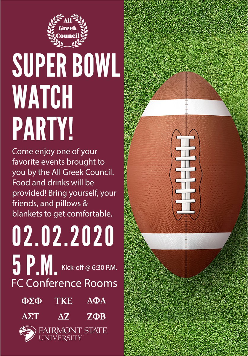FairmontStateGL's tweet photo. Looking for a place to watch the Super Bowl this Sunday? Come by the Falcon Center Conference Rooms for a Watch Party sponsored by the All-Greek Council! Cheer on your favorite team, enjoy free food, and learn about Greek Life at Fairmont State. https://t.co/60XvAG4jtt