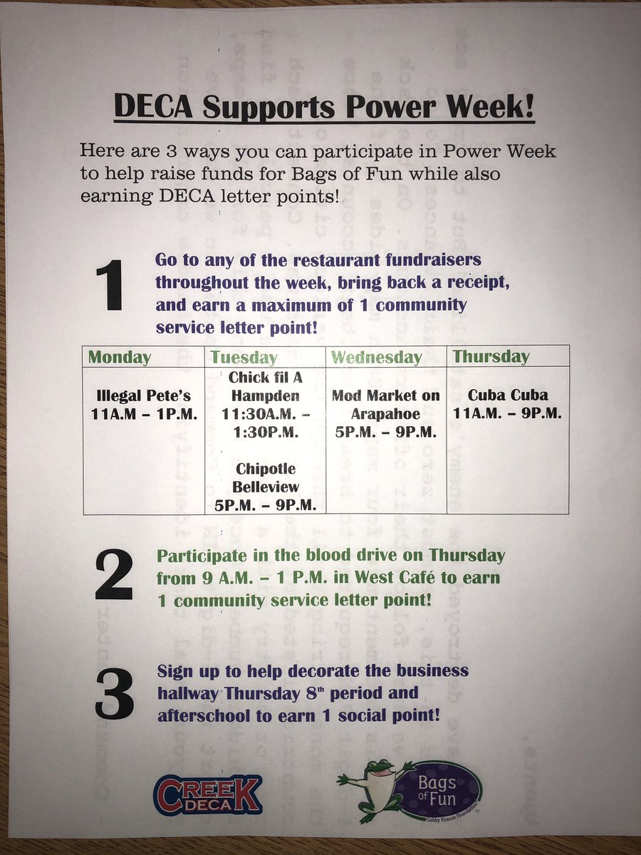 Calling all Creek DECA students! Make sure to get involved with Power Week next week, it’s a super fun way to give back to Bags of Fun! Check out the ways you can earn a letter point next week below😎