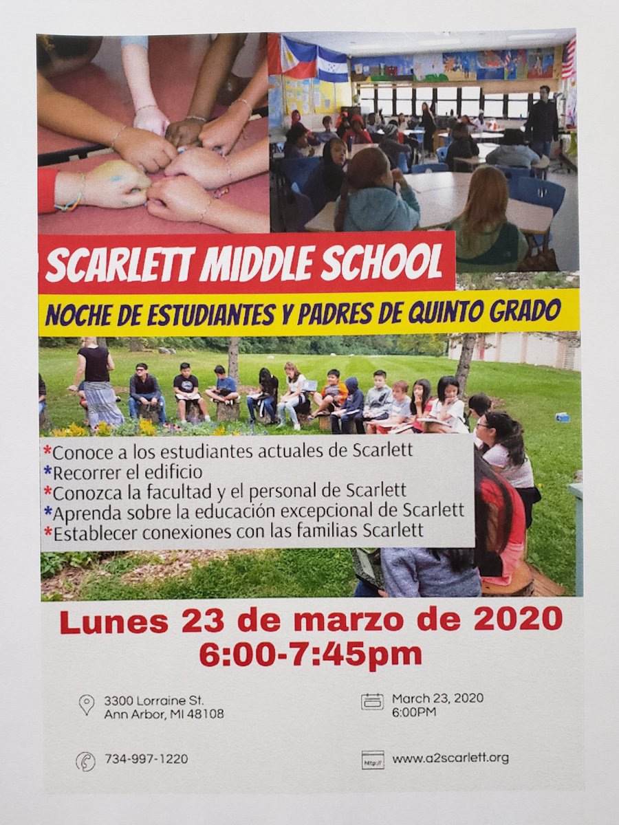 @A2Scarlett Nation invites ALL 5th grade students and parents to our upcoming information night. March 23, 2020 from 6:00-7:45pm. We can't wait to meet you!!! @A2schools @A2_IB @a2mitchell @A2_Carpenter @A2PittsfieldSch @a2_allen @ChuckHatt @A2BryPatSchools